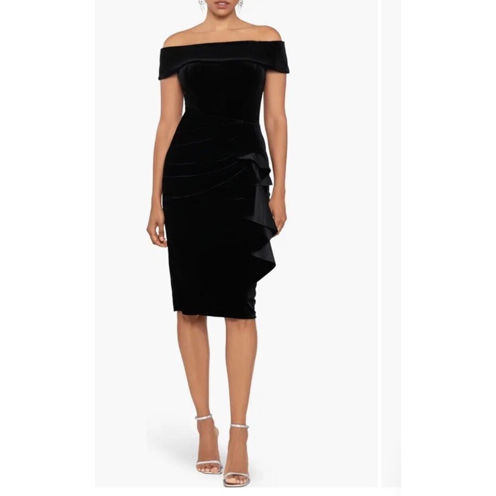 Xscape Ruffle Off The Shoulder Velvet Cocktail Party Dress Black Sz 8 Nwt $208